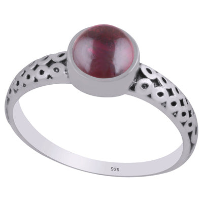 Alluring Oxidised Handcrafted Work Around Garnet Round Shape 925 Sterling Solid Silver Ring - R3403307-2