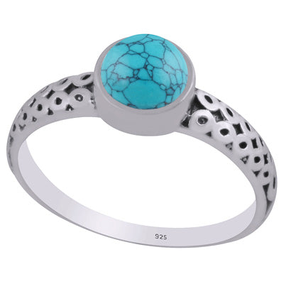 Alluring Oxidised Handcrafted Work Around Turquoise Round Shape 925 Sterling Solid Silver Ring - R3403307-3