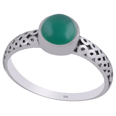 Alluring Oxidised Handcrafted Work Around Green Onyx Round Shape 925 Sterling Solid Silver Ring - R3403307-8