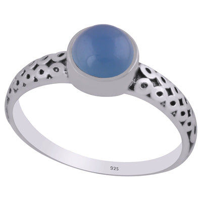 Alluring Oxidised Handcrafted Work Around Blue Chalcedony Round Shape 925 Sterling Solid Silver Ring - R3403307-9