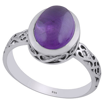 Alluring Oxidised Cut Work Around Amethyst Oval Shape 925 Sterling Solid Silver Ring - R3403310-1