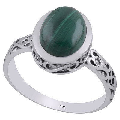 Alluring Oxidised Cut Work Around Malachite Oval Shape 925 Sterling Solid Silver Ring - R3403310-12