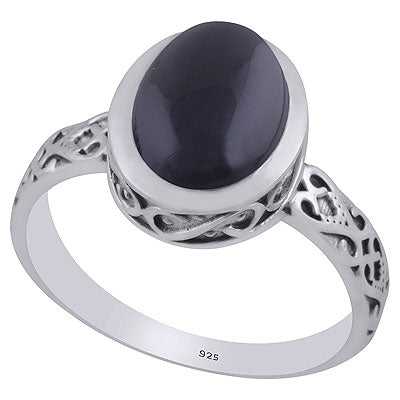 Alluring Oxidised Cut Work Around Black Onyx Oval Shape 925 Sterling Solid Silver Ring - R3403310-14