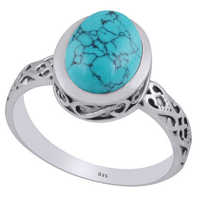 Alluring Oxidised Cut Work Around Turquoise Oval Shape 925 Sterling Solid Silver Ring - R3403310-3