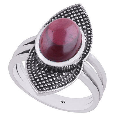 Beautiful Oxidised Rawa Work Around Garnet Oval Shape 925 Sterling Solid Silver Ring - R3403314-2