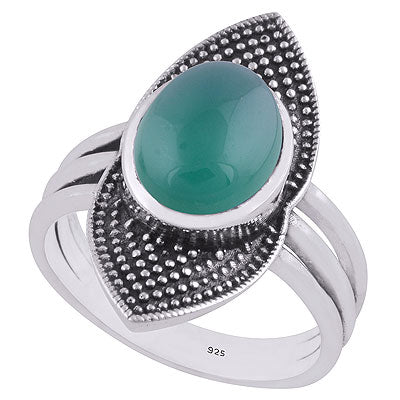 Beautiful Oxidised Rawa Work Around Green Onyx Oval Shape 925 Sterling Solid Silver Ring - R3403314-8