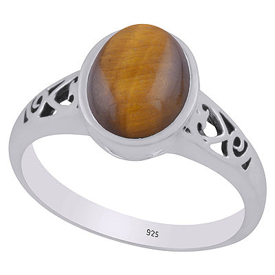 Gorgeous Handcrafted Cut Work Around Tiger's Eye Oval Shape 925 Sterling Solid Silver Ring - R3403315-11