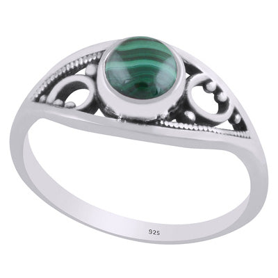 Alluring Handcrafted Rawa Work Around Malachite Round Shape 925 Sterling Solid Silver Ring - R3403316-12