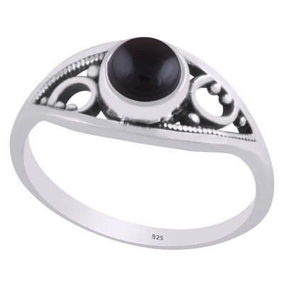 Alluring Handcrafted Rawa Work Around Black Onyx Round Shape 925 Sterling Solid Silver Ring - R3403316-14
