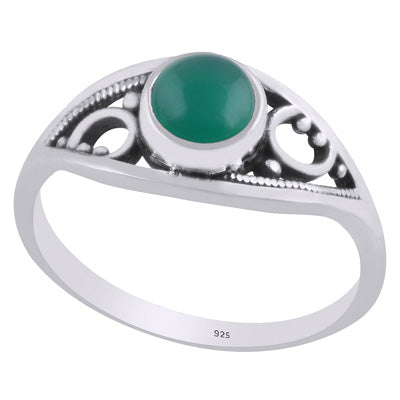 Alluring Handcrafted Rawa Work Around Green Onyx Round Shape 925 Sterling Solid Silver Ring - R3403316-8