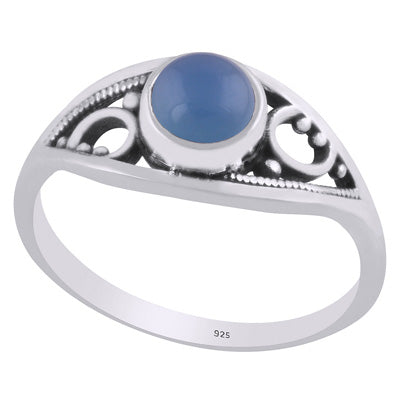 Alluring Handcrafted Rawa Work Around Blue Chalcedony Round Shape 925 Sterling Solid Silver Ring - R3403316-9
