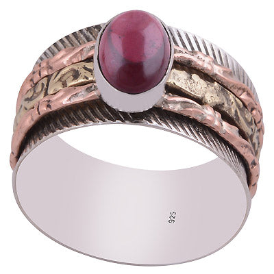 Stunning Fidget Spinner Three Tone Garnet Oval Shape 925 Sterling Solid Silver Ring - R3403317-52