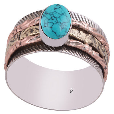 Stunning Fidget Spinner Three Tone Turquoise Oval Shape 925 Sterling Solid Silver Ring - R3403317-53