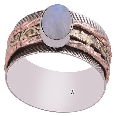Stunning Fidget Spinner Three Tone Rainbow Moonstone Oval Shape 925 Sterling Solid Silver Ring - R3403317-54