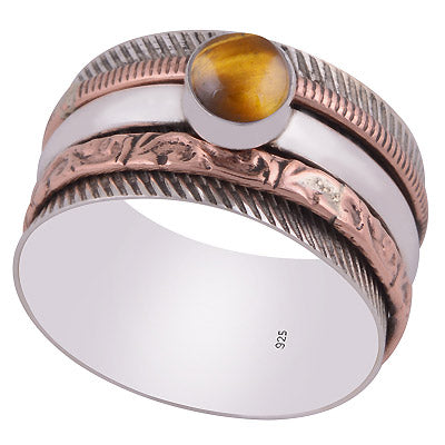 Alluring Fidget Spinner Gemstone On Tiger's Eye Round Shape 925 Sterling Solid Silver Ring - R3403318-57