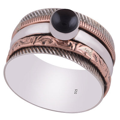 Alluring Fidget Spinner Gemstone On Black Onyx Round Shape 925 Sterling Solid Silver Ring - R3403318-58