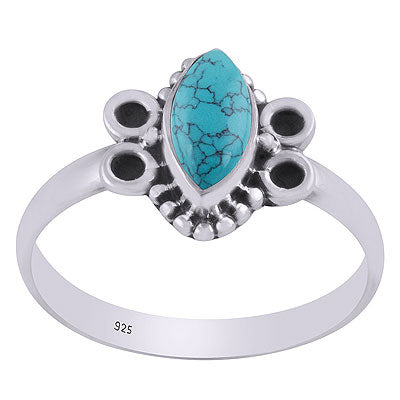 Alluring Oxidised Rawa Work Around Turquoise Marquise Shape 925 Sterling Solid Silver Ring - R3403330-3