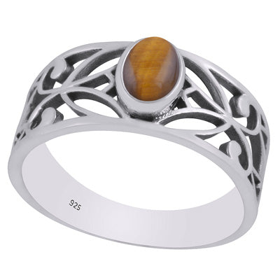 Beautiful Cut Work Shank Around Tiger's Eye Oval Shape 925 Sterling Solid Silver Ring - R3403336-11