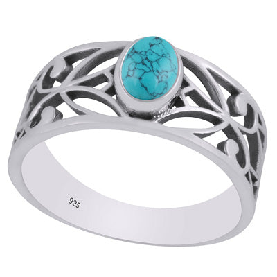Beautiful Cut Work Shank Around Turquoise Oval Shape 925 Sterling Solid Silver Ring - R3403336-3