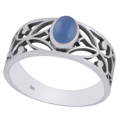 Beautiful Cut Work Shank Around Blue Chalcedony Oval Shape 925 Sterling Solid Silver Ring - R3403336-9