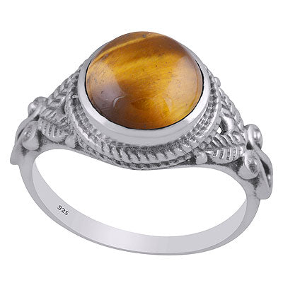 Stunning Handcrafted Work Around Tiger's Eye Round Shape 925 Sterling Solid Silver Ring - R3403337-11