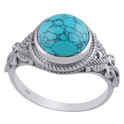 Stunning Handcrafted Work Around Turquoise Round Shape 925 Sterling Solid Silver Ring - R3403337-3