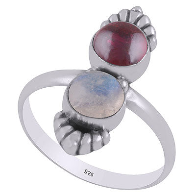 Gorgeous Multiple Gemstones Around Garnet,Rainbow Moonstone Round Shape 925 Sterling Solid Silver Ring - R3403338-17
