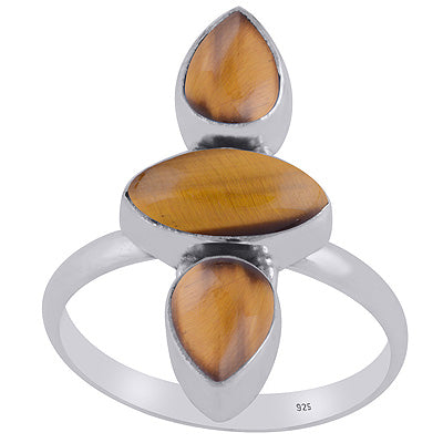 Alluring Aligned Gemstones Tiger's Eye Pear,Marquise Shape 925 Sterling Solid Silver Ring - R3403340-11