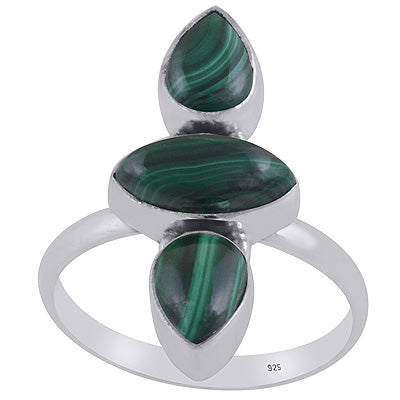 Alluring Aligned Gemstones Malachite Pear,Marquise Shape 925 Sterling Solid Silver Ring - R3403340-12