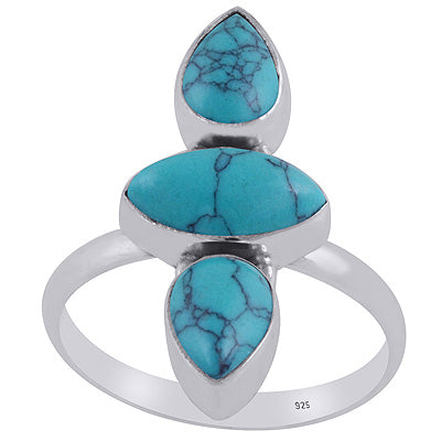 Alluring Aligned Gemstones Turquoise Pear,Marquise Shape 925 Sterling Solid Silver Ring - R3403340-3