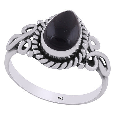 Stunning Handcrafted Work Around Black Onyx Pear Shape 925 Sterling Solid Silver Ring - R3403345-14