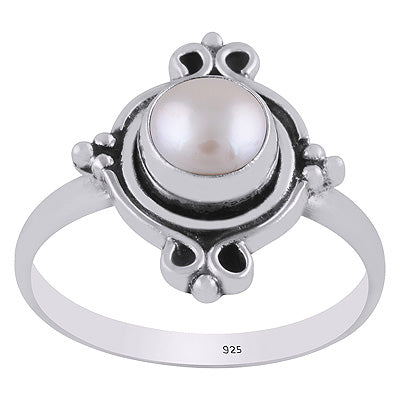 Stunning Oxidised Work Around Pearl Round Shape 925 Sterling Solid Silver Ring - R3403347-15