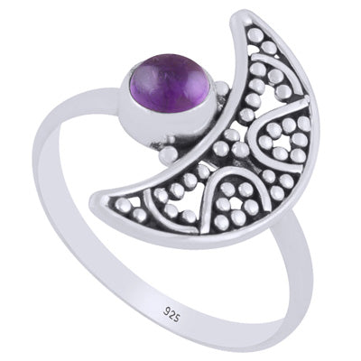 Alluring Crescent Moon w/ Rawa Work Amethyst Round Shape 925 Sterling Solid Silver Ring - R3403388-1