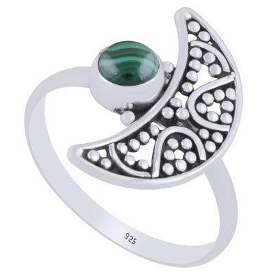 Alluring Crescent Moon w/ Rawa Work Malachite Round Shape 925 Sterling Solid Silver Ring - R3403388-12