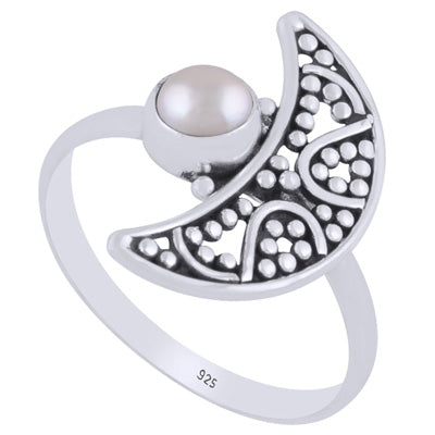 Alluring Crescent Moon w/ Rawa Work Pearl Round Shape 925 Sterling Solid Silver Ring - R3403388-15