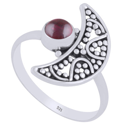 Alluring Crescent Moon w/ Rawa Work Garnet Round Shape 925 Sterling Solid Silver Ring - R3403388-2