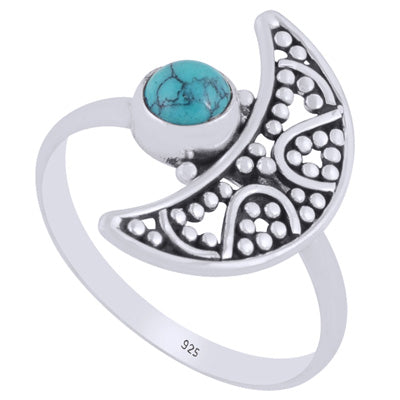 Alluring Crescent Moon w/ Rawa Work Turquoise Round Shape 925 Sterling Solid Silver Ring - R3403388-3