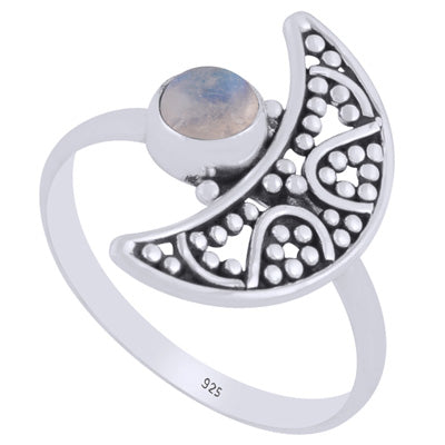 Alluring Crescent Moon w/ Rawa Work Rainbow Moonstone Round Shape 925 Sterling Solid Silver Ring - R3403388-4