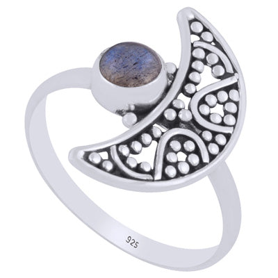 Alluring Crescent Moon w/ Rawa Work Labradorite Round Shape 925 Sterling Solid Silver Ring - R3403388-5