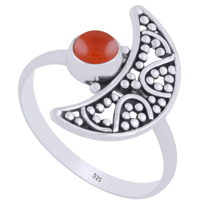 Alluring Crescent Moon w/ Rawa Work Carnelian Round Shape 925 Sterling Solid Silver Ring - R3403388-7