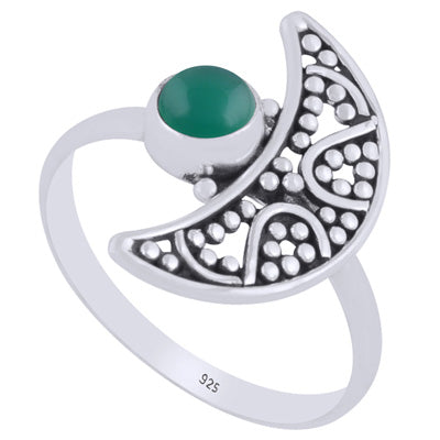 Alluring Crescent Moon w/ Rawa Work Green Onyx Round Shape 925 Sterling Solid Silver Ring - R3403388-8