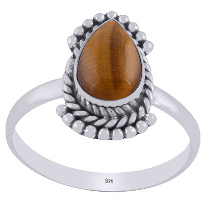 Beautiful Rawa & Wire Work Around Tiger's Eye Pear Shape 925 Sterling Solid Silver Ring - R3403389-11