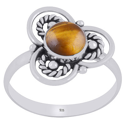 Gorgeous Flower Handcrafted Around Tiger's Eye Round Shape 925 Sterling Solid Silver Ring - R3403391-11