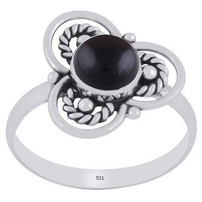 Gorgeous Flower Handcrafted Around Black Onyx Round Shape 925 Sterling Solid Silver Ring - R3403391-14