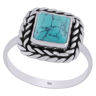 Beautifully Handcrafted Twisted Wire Work Around Turquoise Square Shape 925 Sterling Solid Silver Ring - R3403392-53