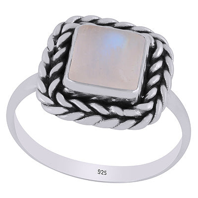 Beautifully Handcrafted Twisted Wire Work Around Rainbow Moonstone Square Shape 925 Sterling Solid Silver Ring - R3403392-54