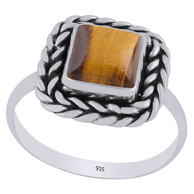 Beautifully Handcrafted Twisted Wire Work Around Tiger's Eye Square Shape 925 Sterling Solid Silver Ring - R3403392-61