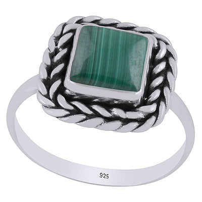 Beautifully Handcrafted Twisted Wire Work Around Malachite Square Shape 925 Sterling Solid Silver Ring - R3403392-62