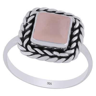 Beautifully Handcrafted Twisted Wire Work Around Rose Quartz Square Shape 925 Sterling Solid Silver Ring - R3403392-63