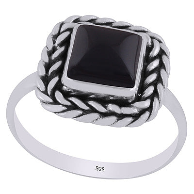 Beautifully Handcrafted Twisted Wire Work Around Black Onyx Square Shape 925 Sterling Solid Silver Ring - R3403392-64